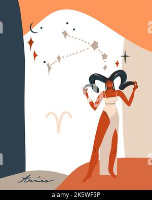 Dessin à la main vecteur résumé astrologie graphique illustration avec moderne, artistique modèle contemporain d'impression de boho zodiaque signe Aries.zodiaque adulte Illustration de Vecteur