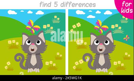 le chaton regarde le papillon avec surprise. Jeu logique pour les enfants. Vous devez trouver 5 différences. Page imprimable pour le livre ou le jeu pour enfants. DEVE Illustration de Vecteur