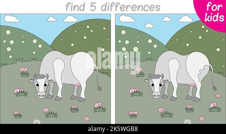 la vache broutage dans la prairie. Jeu logique pour les enfants. Vous devez trouver 5 différences. Page imprimable pour le livre ou le jeu pour enfants. Développement de Illustration de Vecteur