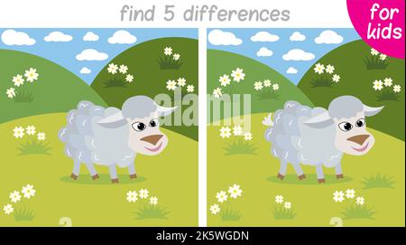 les moutons mignons bissent dans la prairie. Jeu logique pour les enfants. Vous devez trouver 5 différences. Page imprimable pour le livre ou le jeu pour enfants. Développement Illustration de Vecteur