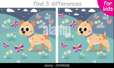 Chiot dans un pré avec des fleurs et des papillons. Jeu logique pour les enfants. Vous devez trouver 5 différences. Page imprimable pour le livre ou le jeu pour enfants. D Illustration de Vecteur