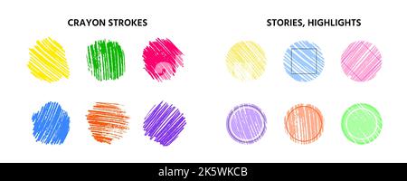 Crayons de crayon et modèles ronds de couvertures d'histoire pour les médias sociaux. Ensemble de divers éléments de conception de gribouillage prêts à l'emploi Illustration de Vecteur