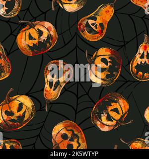 Halloween effrayante émotion citrouilles motif sans couture. Illustration d'esquisse vectorielle dessinée à la main. Jack o lanternes expression de visage sur fond noir. Holida Illustration de Vecteur