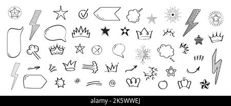 Vecteur d'éléments infographiques Doodle pour les médias sociaux. Des symboles pour le Web, les applications, les réseaux sociaux en forme de doodle dessiné à la main. Flèches dessinées à la main, couronnes, coeur, c Illustration de Vecteur