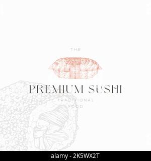 Modèle de logo Abstract de l'alimentation asiatique. Sushi Sashimi Roll dessiné à la main et typographie moderne. Cuisine japonaise Vector Emblem concept isolé Illustration de Vecteur