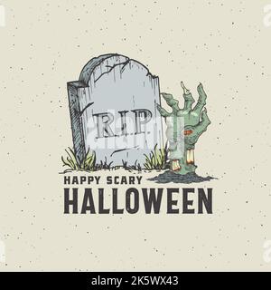 Modèle d'étiquette de carte d'Halloween de style vintage. Illustration de l'esquisse manuelle de Tomb Ston et de Zombie avec Typographie rétro isolée Illustration de Vecteur