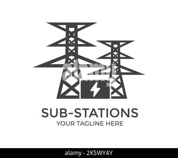 Sous-station électrique, sous-station avec lignes électriques et transformateurs logo. Conception et illustration du vecteur de sous-station haute tension. Illustration de Vecteur