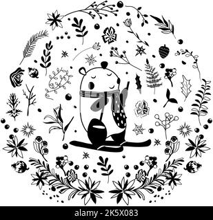 Hiver magique, ours drôle dans un foulard sur ski, couronne de Noël, baies d'hiver, feuilles, guirlande. Concept Noël et nouvel an. Composition idéale pour les cartes de vœux, les affiches, les cartes postales et les bannières. Vecteur Illustration de Vecteur