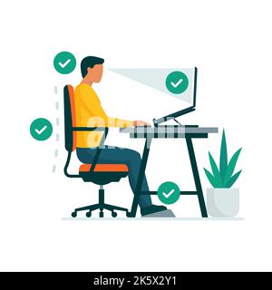 Espace de travail ergonomique et position assise correcte au bureau, homme assis correctement au bureau et travaillant avec un ordinateur portable Illustration de Vecteur