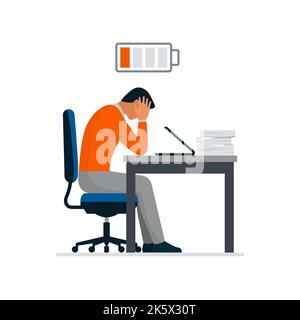 Homme d'affaires assis à un bureau avec la tête dans les mains et la batterie à faible charge, il montre des signes de crise et d'épuisement, isolé sur fond blanc Illustration de Vecteur