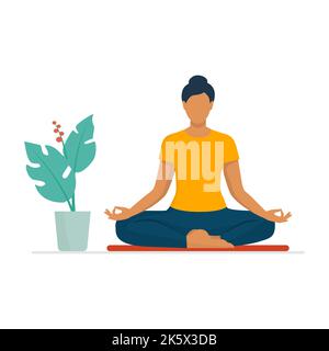 Femme détendue assise dans la position de lotus et pratiquant la méditation Illustration de Vecteur
