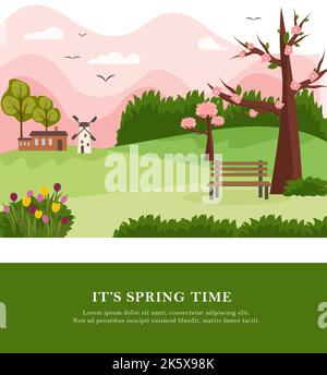 Carte postale avec paysage rural au printemps. Arbres fleuris, maison et moulin, collines et montagnes. Dessin vectoriel. Illustration de Vecteur
