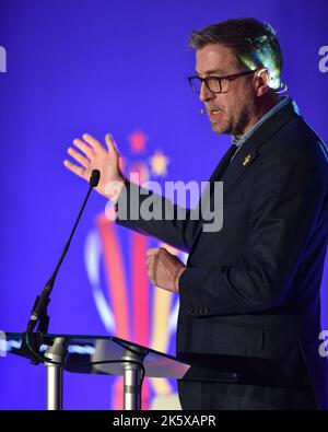 Manchester, Angleterre - 10th octobre 2022 - Mark Chapman accueille le lancement de la coupe du monde de rugby RLWC 2021 au Science Museum, Manchester, Royaume-Uni Banque D'Images