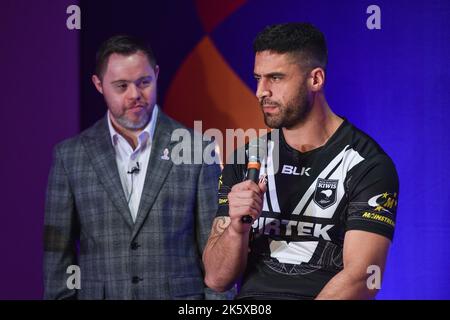 Manchester, Angleterre - 10th octobre 2022 - le capitaine néo-zélandais Jesse Bromwich parle au lancement de la coupe du monde de rugby à XV RLWC 2021 au Science Museum, Manchester, Royaume-Uni Banque D'Images