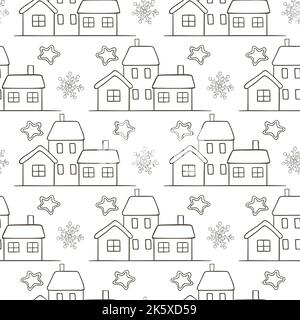 Motif festif de Noël sans coutures avec maisons enneigées sur fond blanc. Illustration de l'oedle dessinée à la main Banque D'Images