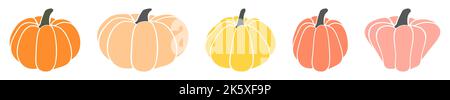 Ensemble d'icônes de citrouilles colorées. Éléments pour le design décoratif d'automne, invitation d'halloween, récolte. Illustration vectorielle Illustration de Vecteur
