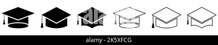 Jeu d'icônes de remise de diplômes. Style art plat et ligne. Chapeau de diplôme d'université ou d'université avec pampille Illustration de Vecteur