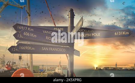 Panneau sur le front de mer Victoria et Alfred indiquant la distance vers d'autres destinations internationales Banque D'Images