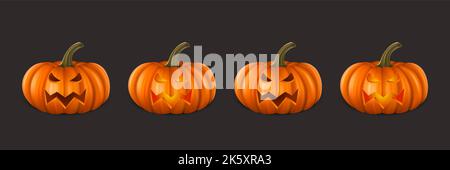 Ensemble de citrouilles d'Halloween à motif vectoriel. Mignon Jack-o-lanternes, visage de citrouille sculpté pour invitations, cartes, emballage, emballage, bannières Design. 3D réaliste Illustration de Vecteur