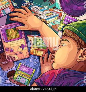 illustration portrait d'un garçon endormi après fatigué de jouer à des jeux Banque D'Images