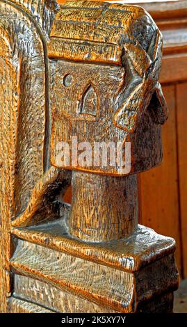 Banc médiéval, moulin à vent du 15th siècle, Thornham, Norfolk, Angleterre, sculpture sur bois Banque D'Images