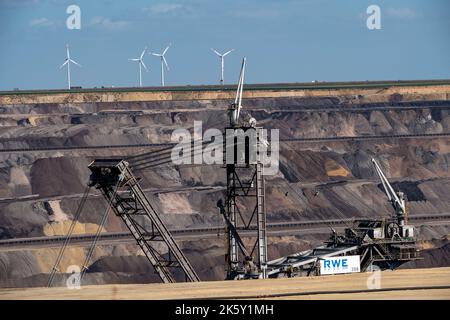 Mine de lignite opencast Garzweiler II, dragage de pelle hydraulique sur pneus à godets, NRW, Allemagne Banque D'Images