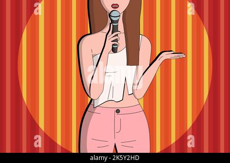 Tenez-vous debout avec une comédienne féminine qui parle un spectacle en direct. Femme avec microphone sur une scène. Rideau rouge sur fond. Spot jaune. Conception à vecteur plat. Illustration de Vecteur