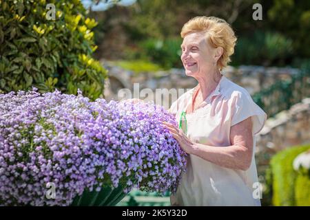 Femme âgée debout près d'un grand pot de fleurs avec des fleurs violettes Banque D'Images