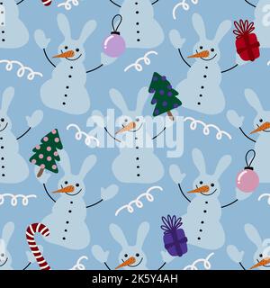 Hiver bonhomme de neige glacé motif de Noël sans couture pour accessoires Noel et papier d'emballage, imprimé et flocons de neige pour enfants. Illustration de haute qualité Banque D'Images