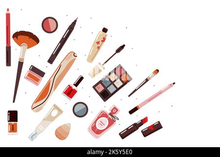 Produits de beauté et de maquillage sur fond blanc avec espace de copie vierge.Vector Illustration de Vecteur