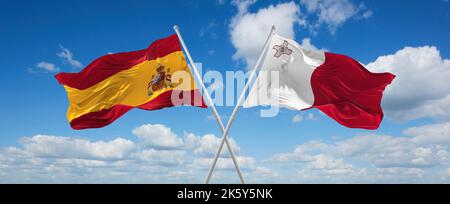 Deux drapeaux croisés Malte et l'espagne agitant dans le vent à ciel nuageux. Concept de relation, de dialogue, de voyage entre deux pays. 3d illustration Banque D'Images