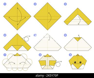 Tutoriel Origami. Jeu d'origami pour les enfants. Poussin. Illustration de Vecteur