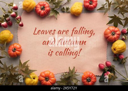 Couchée à plat d'automne, cadre fait de coing, citrouilles d'orange, feuilles d'érable, baies rouges sur toile de lin naturelle et fond de papier beige. Pose à plat Banque D'Images