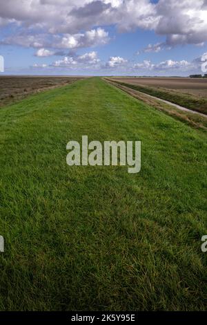 Marcher sur la promenade de Peter Scott, en suivant le haut de la rive de défense de la mer extérieure le long de Wash, Lincolnshire, East Midlands, Angleterre Banque D'Images