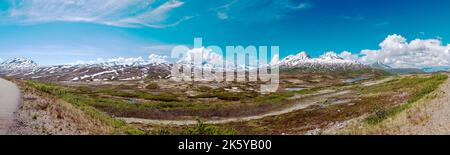 Vue panoramique vers l'ouest depuis Haines Highway vers le parc provincial Tatshenshini-Alsek et la chaîne d'Alsek ; Alaska ; États-Unis Banque D'Images