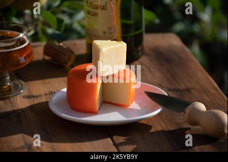 Dégustation de cheddar bio de fermiers en cire d'orange en plein air Banque D'Images