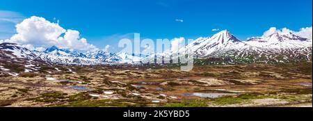 Vue panoramique vers l'ouest depuis Haines Highway vers le parc provincial Tatshenshini-Alsek et la chaîne d'Alsek ; Alaska ; États-Unis Banque D'Images