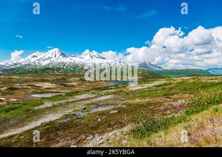 Vue panoramique vers l'ouest depuis Haines Highway vers le parc provincial Tatshenshini-Alsek et la chaîne d'Alsek ; Alaska ; États-Unis Banque D'Images