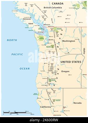 Carte de la chaîne de montagnes de Cascade, chaîne de montagnes volcaniques parallèle à la côte ouest de l'Amérique du Nord Banque D'Images