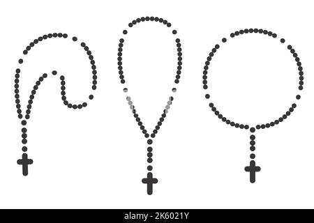 Ensemble de silhouettes Rosary perles. Bijoux de prière pour la méditation. Chapelet catholique avec croix. Symbole de religion. Illustration vectorielle. Illustration de Vecteur