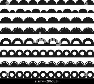 Jeu de contours de pinceau sans couture à bords festonnés. Bordure festonnée simple. Silhouette des lacets en tissu. Répéter l'adorable décoration vintage à volants. Rubans de texture Illustration de Vecteur