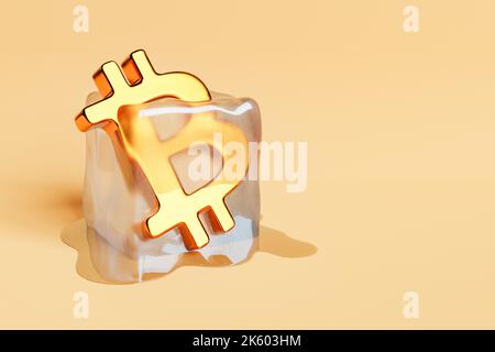 3D illustration du symbole de bitcoin doré collé dans le cube de glace fondu sur fond jaune Banque D'Images