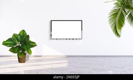 Une maquette de cadre horizontal sur un mur blanc avec des plantes à feuilles vertes 3D rend l'ilustration. Banque D'Images