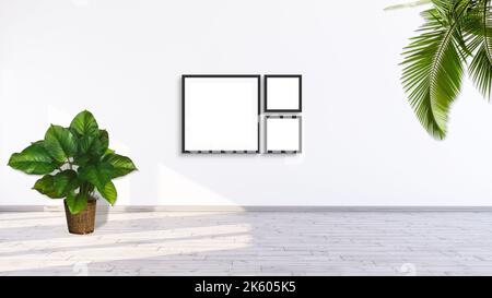 3 maquette de cadre carré sur un mur blanc avec des plantes à feuilles vertes 3d rendant l'ilustration. Banque D'Images