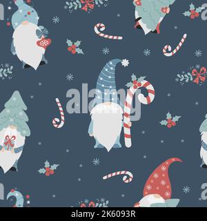 Motif de Noël sans couture avec jolis gnomes de dessin animé avec bâton de caramel, cadeau, arbre de noël et boule sur fond bleu avec GUI du nouvel an et Illustration de Vecteur
