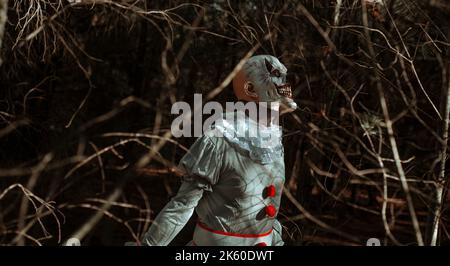 gros plan d'un clown maléfique crépi, portant un costume gris avec une ruff blanche et pompons rouges, dans les bois au crépuscule, dans un format panoramique à utiliser comme toile b Banque D'Images