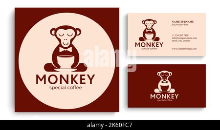 Singe avec une tasse de café ou de thé. Logo ou badge pour cafés et cafés. Illustration vectorielle. Logo spécial. Illustration de Vecteur