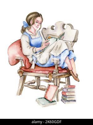 Fille dessinée à la main en robe vintage et monstre en costume bleu Banque D'Images