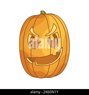 Tête de citrouille en colère Jack-o-lanterne. Un personnage traditionnel pour Halloween. Élément de design simple pour cartes de vœux, affiches, autocollants, bannières et décoration de vacances. Jolie illustration plate de dessin animé. Illustration de Vecteur