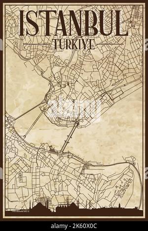 Réseau de rues du centre-ville dessinées à la main carte imprimée d'ISTANBUL, TURKIYE Illustration de Vecteur
